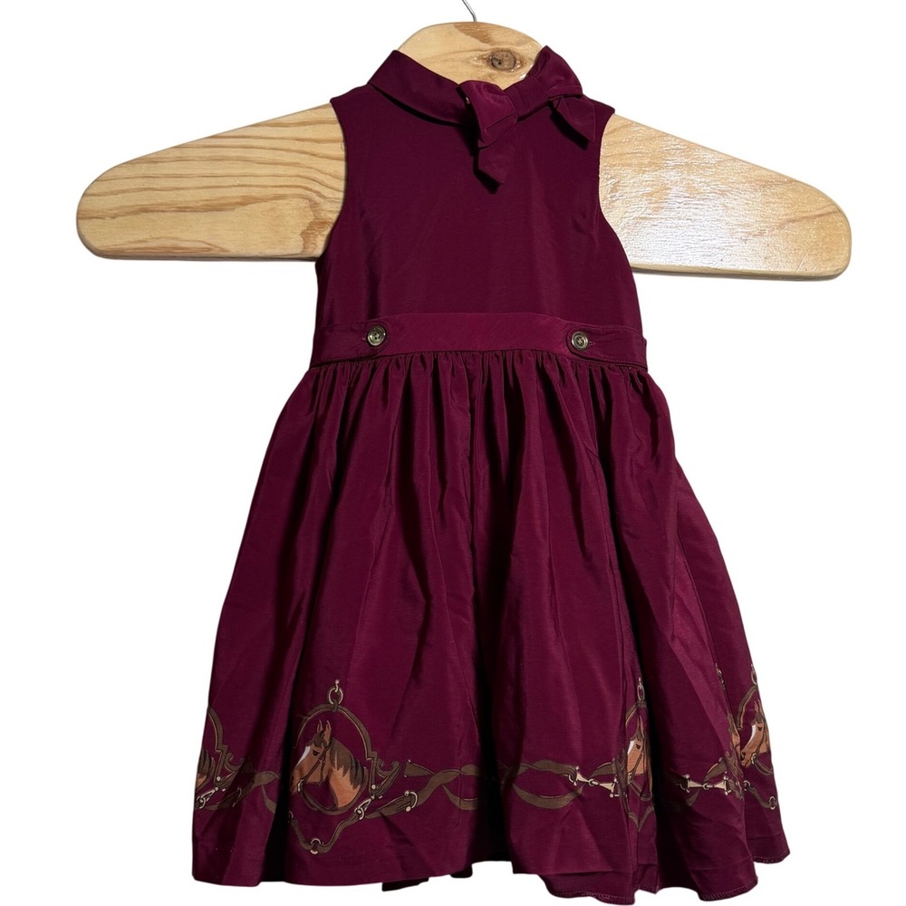 Janie and Jack Girls Burgundy Equestrian Horse Print Dress Size 3 Bow Accent
